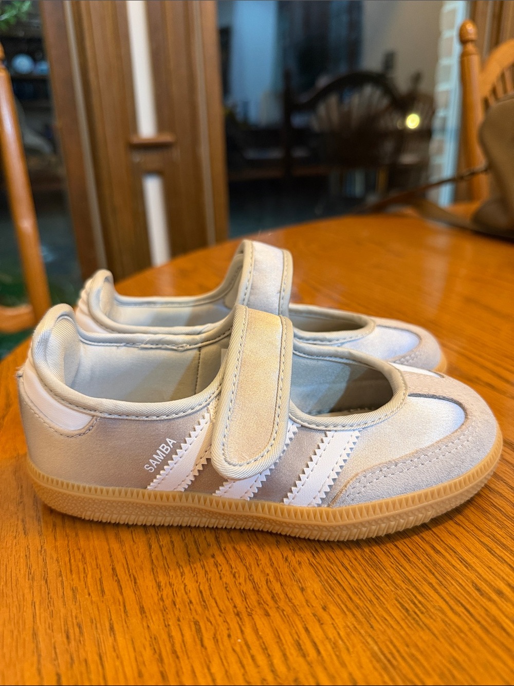 adidas Kids Samba Mary Jane in Light Gray with White Stripes